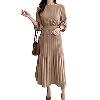 Chic Autumn Casual Trend Women O Neck Belt Simple Pleated Long-Sleeved Dress Spring Autumn