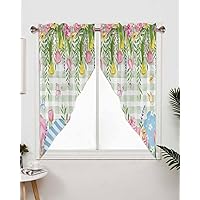 Easter Swag Curtain Valance - 2 Panels Rod Pocket Swag Topper Curtains,Pink Blue Egg Flower Butterfly Green Plaid Window Treatment Tier for Kitchen Living Room Bedroom,28x36in
