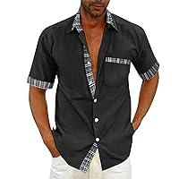 Men's Summer Casual Cotton Linen Shirts Short Sleeve Lightweight Plaid Button Down Cuban Shirt Vacation Beach Dress Shirts
