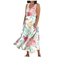 Linen Dress for Women Summer Loose Fitting Stretch Scoop Neck Casual Sleeveless Swing Floral Breathable Party Dress for Women