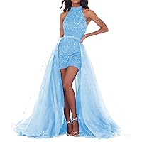 Women's Sparkle Halter Short Prom Homecoming Dress Jumpuit with Overskirt 2024 Sequins Cocktail Party Outfits Gown