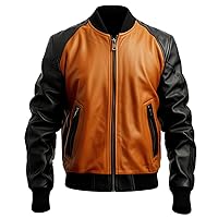 Men’s Brown Black Genuine Sheepskin Baseball Collar Comfortable Winter Outerwear Stylish Bomber Leather Jacket