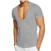 Deep V Neck T Shirt for Mens Premium Fitted Soft Men T-Shirts Trendy Casual Summer Breathable Slim Fit Solid Tops