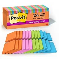 Super Sticky Notes, 3x3 in, 24 Pads, 2x the Sticking Power,Energy Boost Collection, Bright Colors (Orange, Pink, Blue, Green), Recyclable