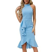 Womens Summer Dresses 2024 Sexy Bag Hip Slim-fit Stand Collar Solid Color Sleeveless Ruffled Fishtail Skirt Dress