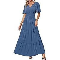 Women's Summer Boho Maxi Dresses Casual V Neck Short Sleeve A-line Empire Waist Long Flowy Beach Dress