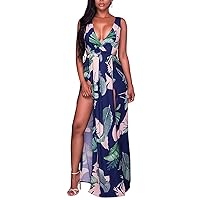 LKOUS Women's Floral Print Dresses, High Split Beach Hawaiian Long Dress,Swimwear Cover Ups Vacation Flowy Maxi Dress
