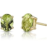 Peora Solid 14K Yellow Gold Peridot Earrings for Women, Genuine Gemstone Birthstone Classic Solitaire Studs, 7x5mm Oval Shape, 2 Carats total, Friction Back
