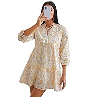 Womens Fall Fashion 2022 Allover Embroidery Tassel Tie Neck Lantern Sleeve Ruffle Hem Smock Dress (Color : White, Size : Small)
