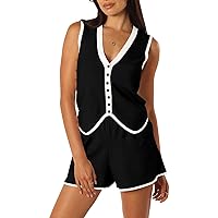 Vest Sets Women 2 Piece Outfits 2024 Summer Casual Knit Loungewear Sleeveless Button Down Top Matching Shorts Set