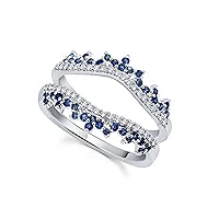 Round Cut Created Blue Sapphire & CZ Enhancer Guard Engagement Wedding Band Ring for Womens 925 Sterling Silver
