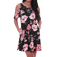 Women's Casual Loose-Fitting Summer Beach Short Sleeve Knee Length Print Swing Round Neck Glamorous Dress Flowy Red