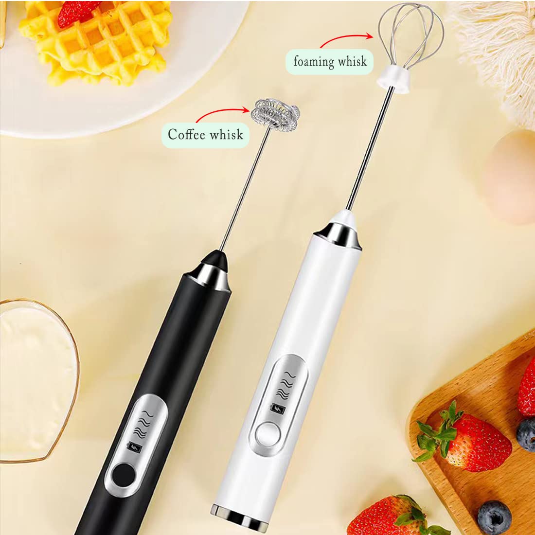 Electric Milk Frother- Hand held frother for Coffee,USB Rechargeable 3 Speeds Regulation,frother handheld Mini immersion Beater,electric whisk for Egg, drink mixer (White)