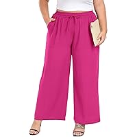 Women's Plus Size Wide Leg Pants Summer Stretchy Drawstring Waist Comfortable Fit Casual Trousers Pants with Pockets
