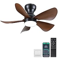 Ceiling Fans with Lights and Remote/APP Control, 30 inch Low Profile Ceiling Fans with 5 Reversible Blades 3 Colors Dimmable 6 Speeds Ceiling Fan for Bedroom Dining Room, Wood Color