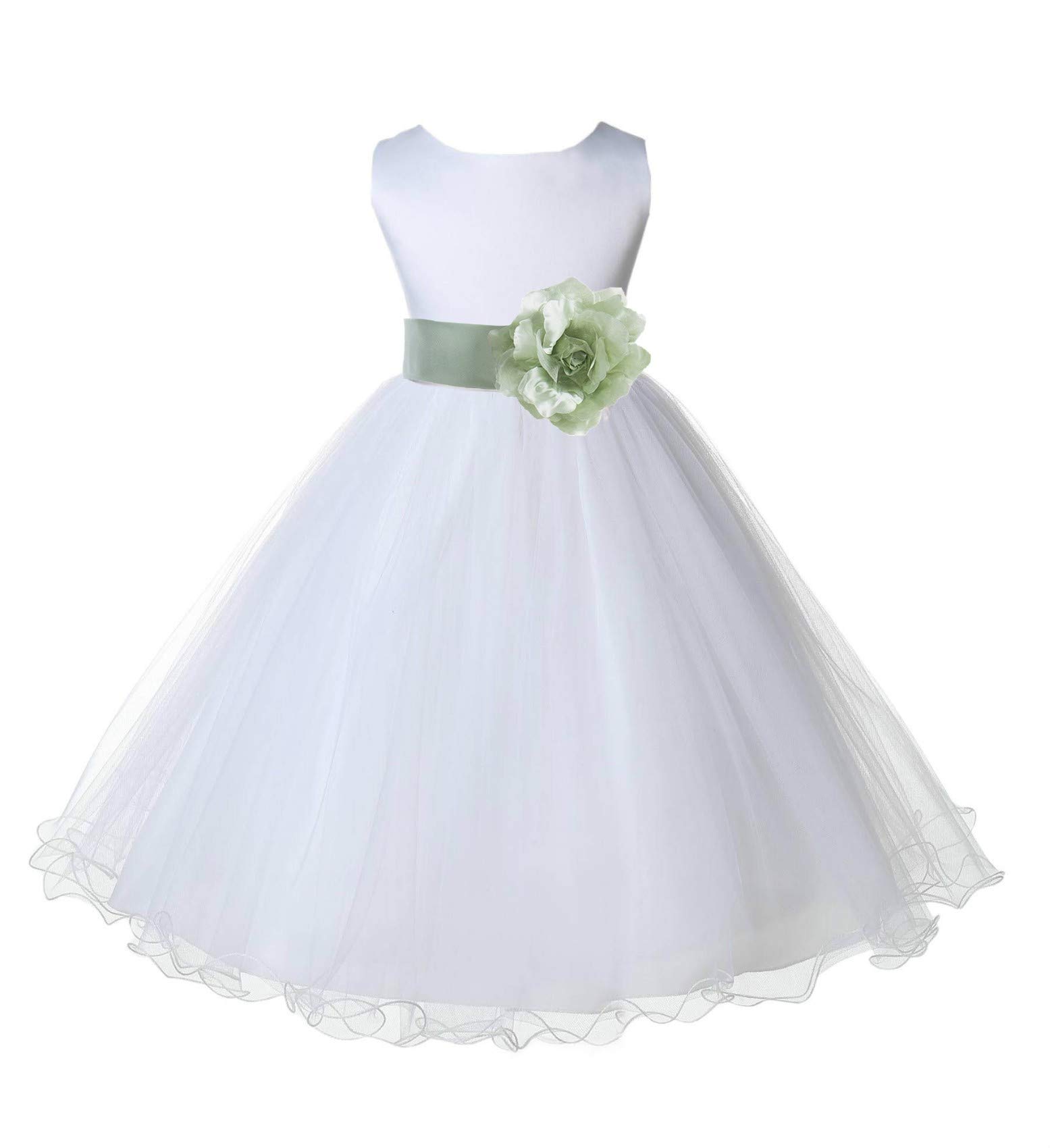 Wedding Pageant White Flower Girl Rattail Edge Tulle Dress