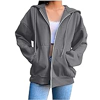 Hooded Zip Up Sweatshirt Women Pockets Solid Color Coats Pullover Long Sleeve Baggy Fall Winter Cardigan Jackets