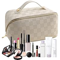 Brown Large Capacity Travel Cosmetic Bag Plaid Checkered Makeup Bag PU Leather Waterproof Skincare Bag with Handle and Divider (Classic White)