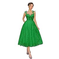 Maxianever Plus Size Lace Tulle Long Prom Dresses Spaghetti Straps Flower Women’s Wedding Gowns Tea Length Corset Emerald Green US26W