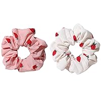 Chiffon Scrunchies for Hair - 2Pcs Pink White Strawberries Print Satin Hair Scrunchies for Thick Curly Hair Ties Large Hair Elastic Bands Ponytail Holder Summer Hair Accessories for Women Girls Gifts