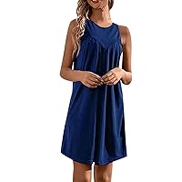 Women's Dresses 2024 Wedding Guest Fashion Casual Solid Color Gathered Sleeveless Round Neck Tank Dress, S-XL