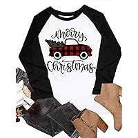Christmas Shirts for Women Christmas Long Sleeve Raglan Shirt Christmas Plaid Truck Tree Graphic Splicing Top