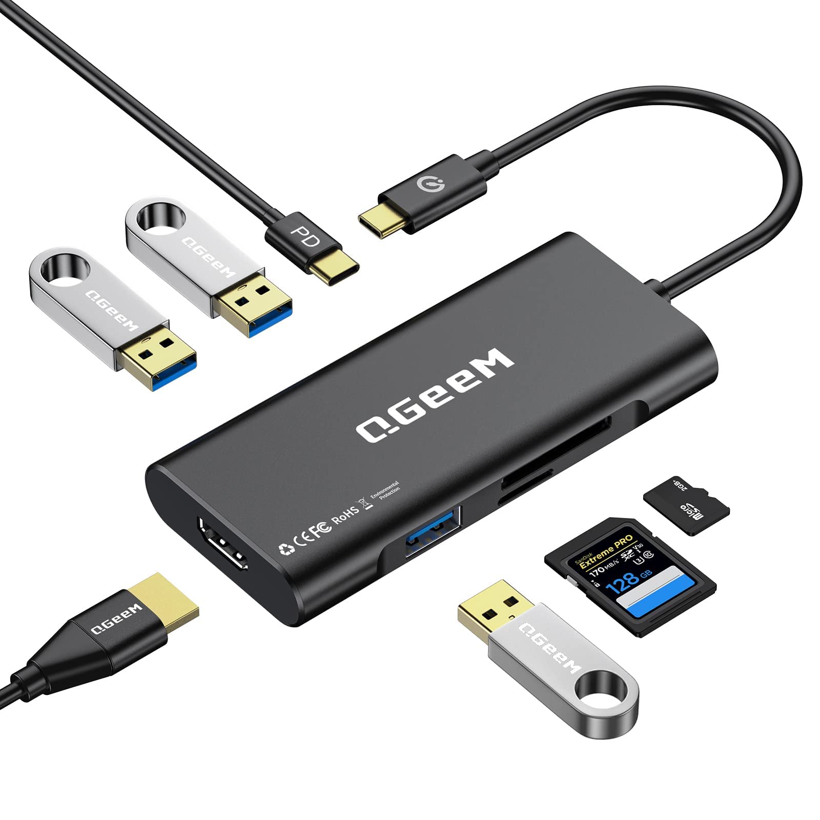 USB C Hub, QGeeM USB C to HDMI Adapter 4k, 7 in 1 USB C Dongle with 100W Power Delivery,3 USB 3.0 Ports, SD/TF Card Reader, Compatible for MacBook Ipad HP Dell XPS and More Type C Device-Black