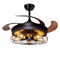Ohniyou Retractable Blades Ceiling Fan with Lights and Remote, Rustic Industrial Ceiling Fan Ideal for Farmhouse, Patio, Kitchen, Bedroom, Living Room (36 Inches, Black)