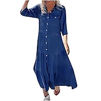 Women's Vintage Jean Shirt Dress Short Sleeve Button Up Denim Dress 2024 Summer Plus Size Loose Maxi Blouse Dresses, Short Sleeve Button Down Pleated Dress
