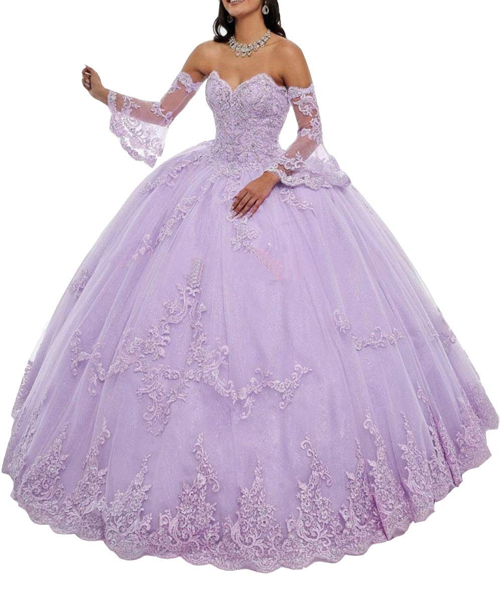 Yukale Women's Sweetheart Quinceanera Dresses Lace Appliques Ball Gown with Detachable Long Sleeve