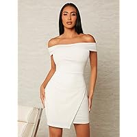 Summer Dresses for Women 2022 Off Shoulder Wrap Hem Bodycon Dress Dresses for Women (Color : White, Size : Small)