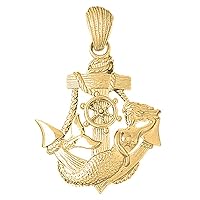 18K Yellow Gold Anchor Mermaid Pendant, Made in USA