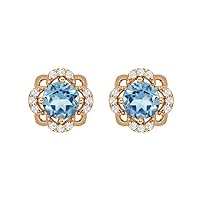 925 Sterling Silver 5mm Round Shape Aquamarine Gemstone Flower Halo Women Stud Earrings