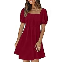 XIEERDUO Womens Square Neck Chest Pleated A-Line Dress Casual Back Smocked Puff Sleeve Mini Dresses