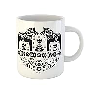 Coffee Mug Swedish Dala Daleclarian Horse Floral Folk Pattern in Black 11 Oz Ceramic Tea Cup Mugs Best Gift Or Souvenir For Family Friends Coworkers