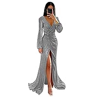 Sequin Prom Dresses Long Ruffles V-Neck Long Sleeve Slit Mermaid Evening Party Gown ZA908