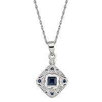 Round Cut Blue Sapphire 925 Sterling Silver 14K White Gold Over Diamond Vintage Pendant Necklace