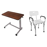 Vaunn Medical Adjustable Overbed Table with Wheels and Adjustable Shower Bath Chair with Padded Arms Bundle
