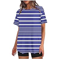 Women's Casual Striped Print T Shirts Summer Loose Fit Tees Color Block Tops Fashion Crew Neck Short Sleeve Blouses
