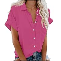 Womens Button Down Shirts Casual Short Sleeve Dress Shirt Collared Summer Work Blouses Work Plain Tops with Pocket