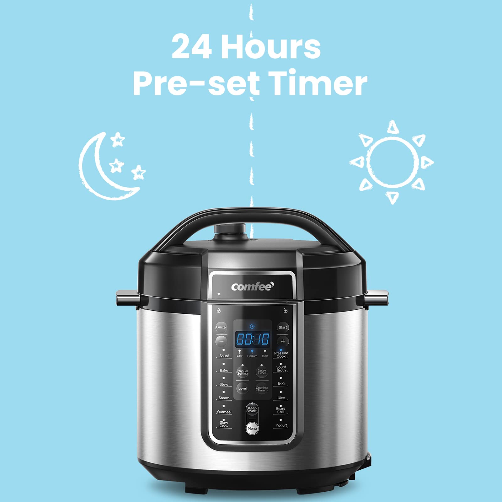 COMFEE’ Pressure Cooker 6 Quart with 12 Presets, Multi-Functional Programmable Slow Cooker, Rice Cooker, Steamer, Sauté pan, Egg Cooker, Warmer and More