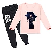 Kid Girls 2 Pcs Long Sleeve Outfit Clothes Set-Wednesday Addams Crewneck Tee Shirt and Elastic Waist Pants Set