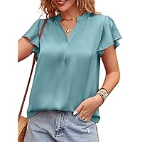 LYANER Women's Satin V Neck Ruffle Short Sleeve Shirt Top Solid Color Blouse