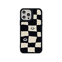 Smile Face Checkered Phone Case Compatible with iPhone 12 pro max,Cute Furry Plush Embroidery Soft Carpet Case for iPhone 12 pro max Fluffy Girls Women(Smile)