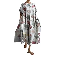 Plus Size Boho Dress for Women 2024 Summer Trendy Cotton Flowy Dress Baggy Floral Maxi Dress with Pockets S-3XL
