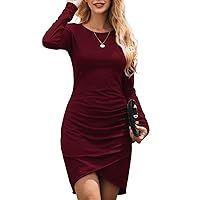 Women Ruched Bodycon Dress Long Sleeve Elegant Solid Color T Shirt Short Mini Dressed