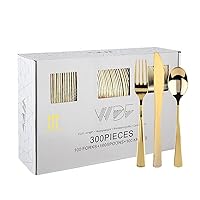 WDF300 Pieces Gold Plastic Silverware Disposable Gold Cutlery, Silverware Set Includes 100 Forks, 100 Spoons, 100 Knives -WDF