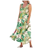 Summer Dresses for Women 2024 Printed Vacation Sun Dress with Pocket Sleeveless Swing Beach Dress Trendy Casual Dress