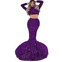 Sexy Sequins Two Pieces High Neck Mermaid Evening Gown 2024 Full Sleeves Long Party Prom Dresses
