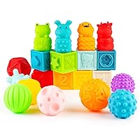Baby Blocks Soft Stacking Building Blocks Squeeze Toys, Teething Chewing Toys, Bath Toys, Textured Sensory Balls,Baby Educational Toys with Animals, Shapes, Textures, Numbers 20PCS (20PCS)